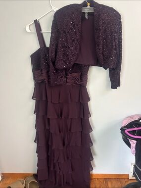 R&M Richards Plum Tiered Ruffle Evening Dress with Beaded Jacket